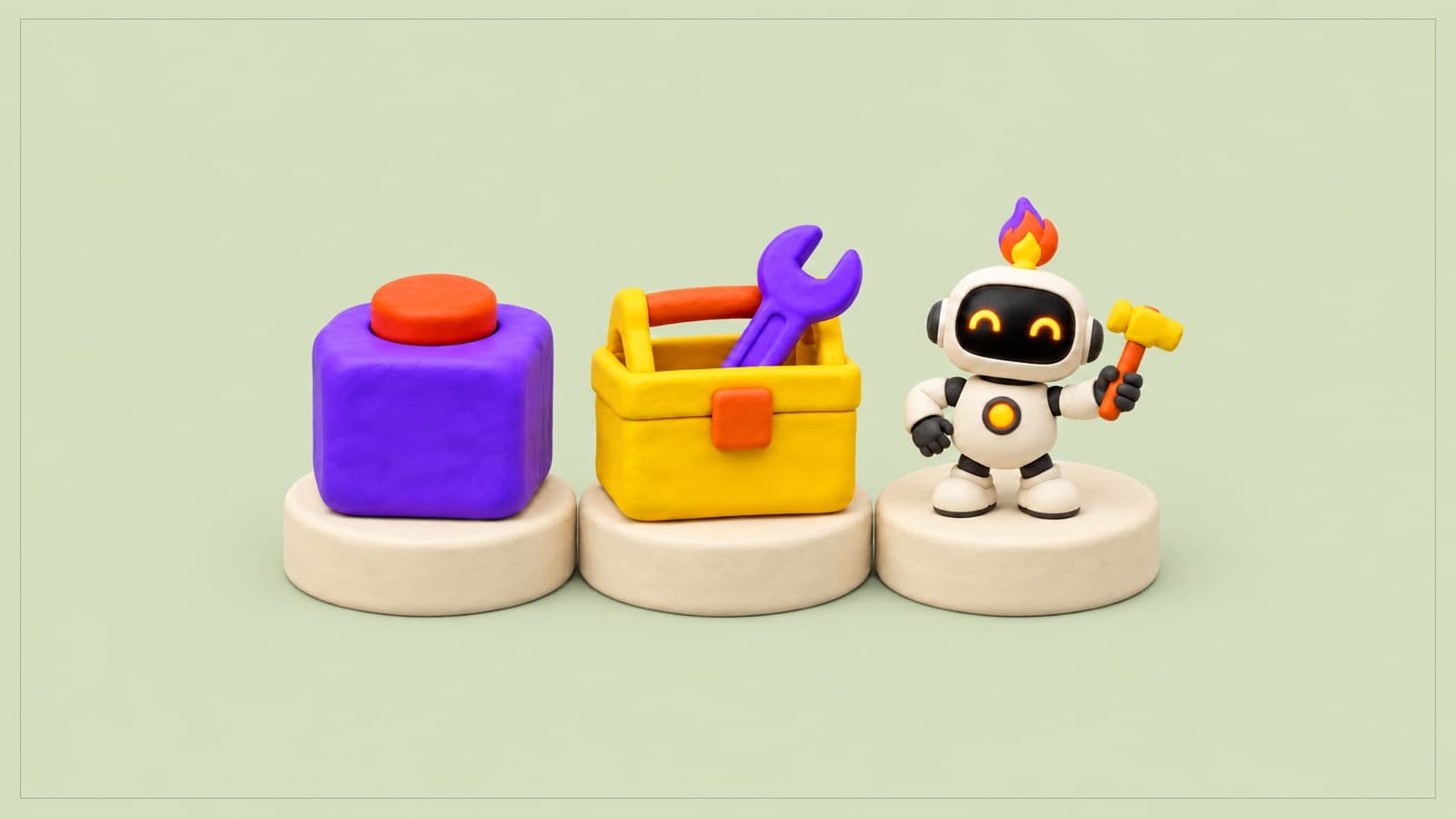 Three clay pedestals: an instant-builder cube, an agency toolbox and a Greeto bot holding a hammer